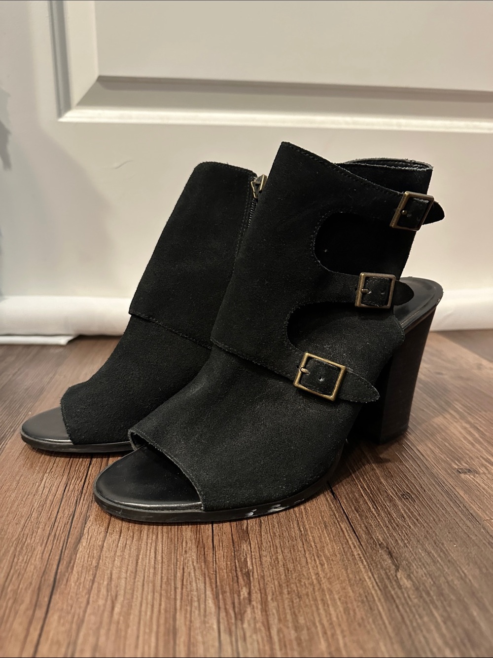 Melrose and Market Black Suede Open-Toe Block Heel Sandals with Triple Buckles
